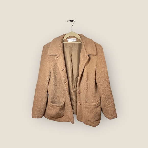 SANDRO Jacket Womens Button Front Long Sleeve Pockets Lined Camel Large Loosefit - Picture 5 of 5